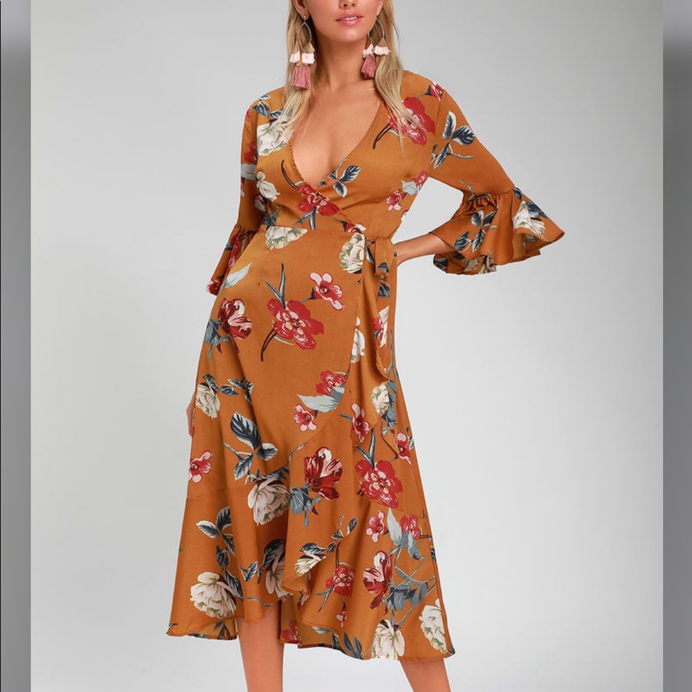 Love & Light Mustard Yellow Floral Midi Wrap Dress